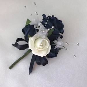 Artificial wedding bouquets flowers sets ivory navy pin on corsage