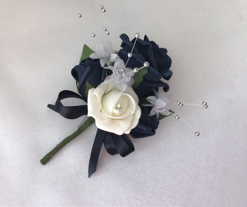 Artificial wedding bouquets flowers sets ivory navy pin on corsage