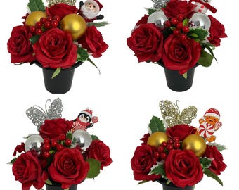 Artificial Christmas snowman Flowers Grave cemetery Memorial Pot remembrance flowers  red carnations mum , gran , dad