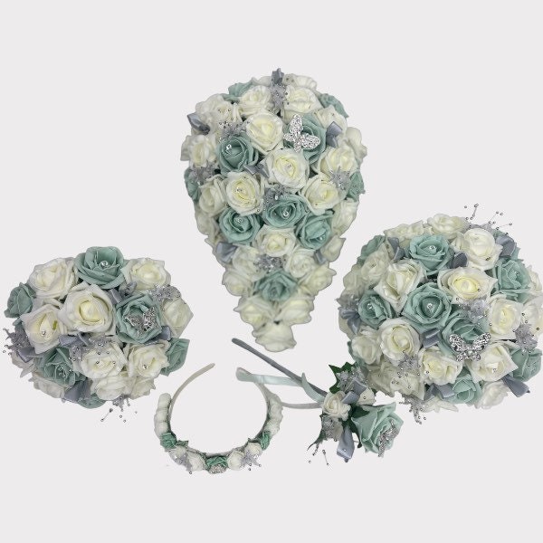 Artificial wedding bouquets flowers sets ivory mint