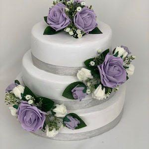 Wedding flowers cake topper roses 3 pieces tier bouquets lilac