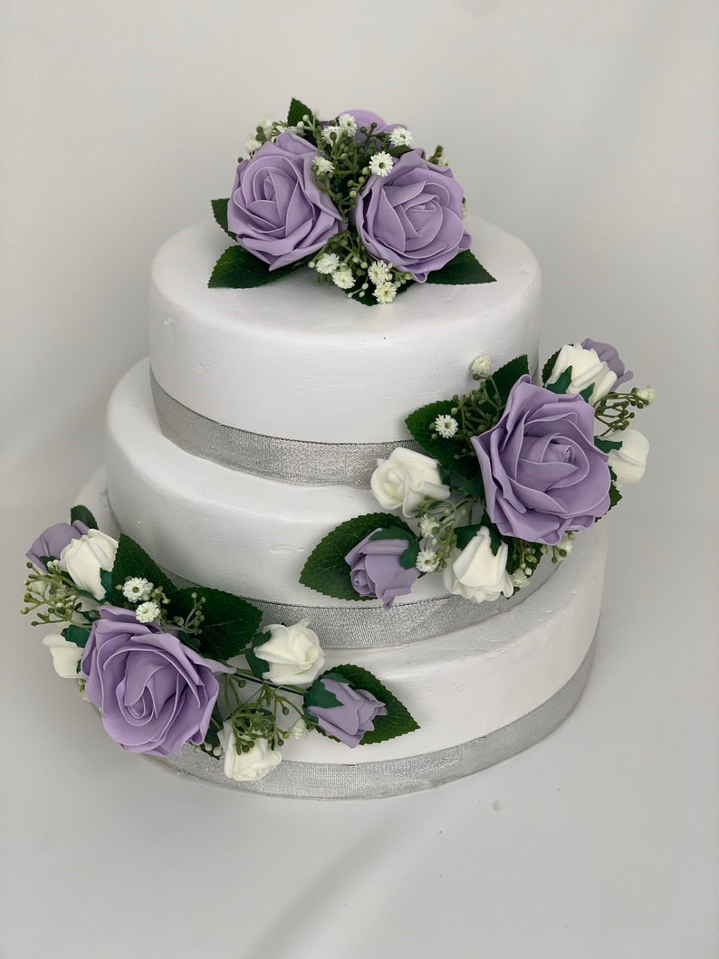 Wedding flowers cake topper roses 3 pieces tier bouquets lilac