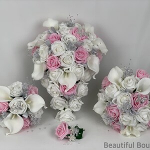 Ensembles de bouquets de fleurs de mariage artificielles blanc rose