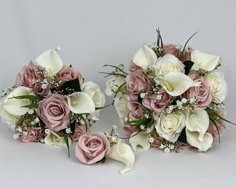 Artificial wedding bouquets flowers sets ivory with blush pink and gypsophila