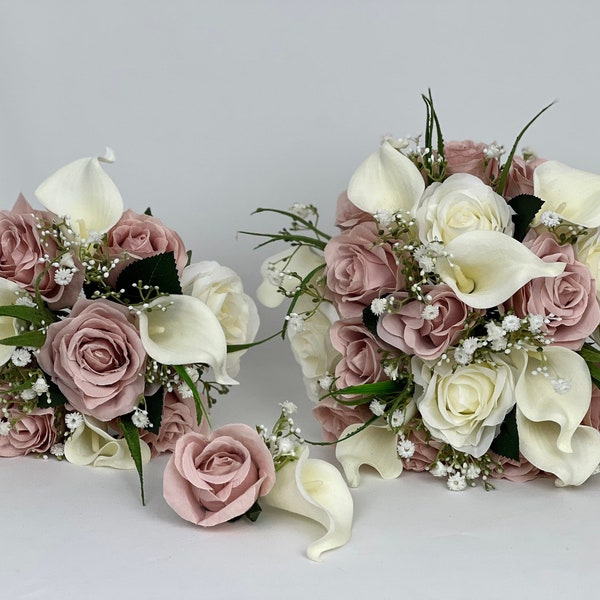 Artificial wedding bouquets flowers sets ivory with blush pink and gypsophila