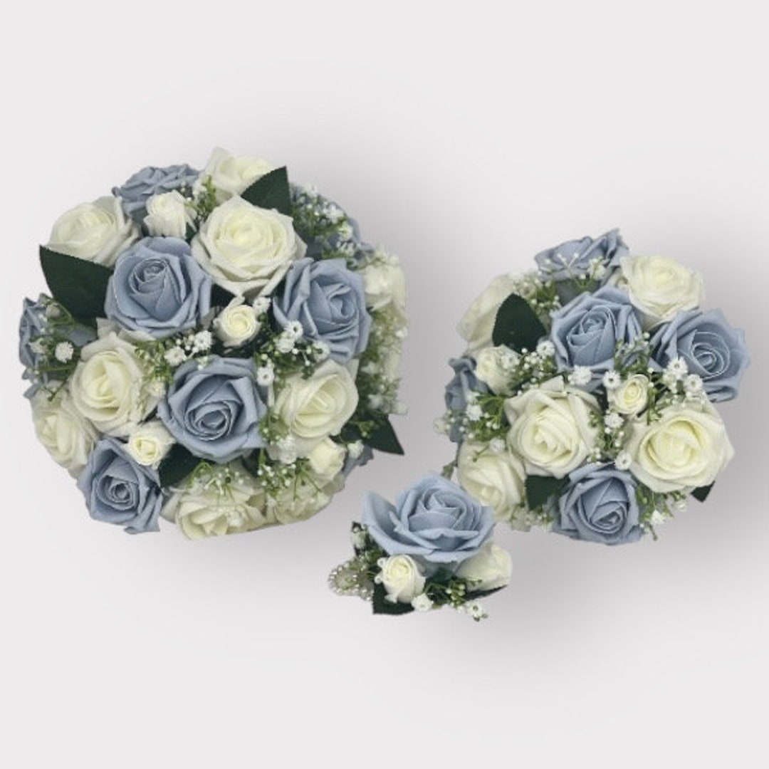 Wedding Flowers With Dusky Blue Bouquets With Gypsophila & Roses - Etsy