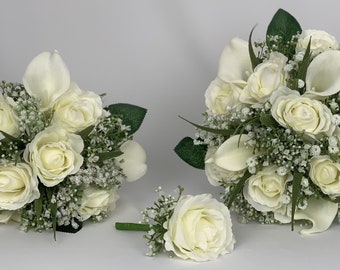 Artificial wedding bouquets flowers sets ivory with gypsophila