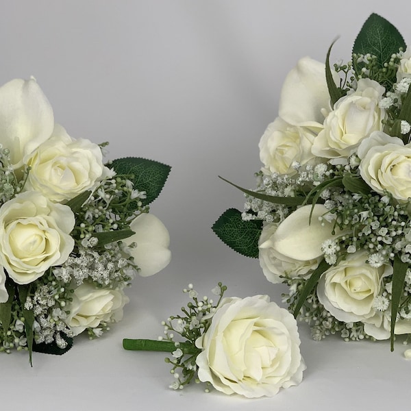 Artificial wedding bouquets flowers sets ivory with gypsophila