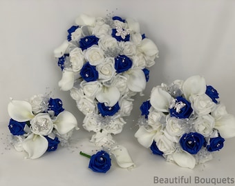 Artificial wedding bouquets flowers sets white royal blue
