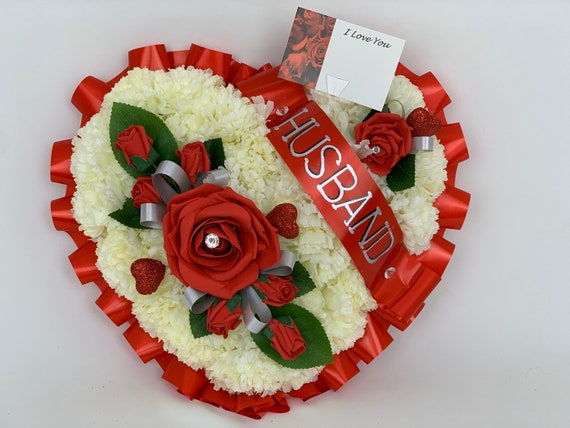 Artificial silk funeral flower heart wreath memorial tribute mum sister grave