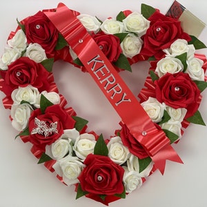 Artificial Flowers heart grave Wreath Funeral Tribute Memorial red hearts mum
