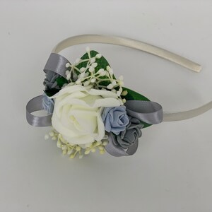 Artificial Wedding Bouquets Flowers Package with ivory blue and grey roses with greenery eucalyptus and gypsophila side headband