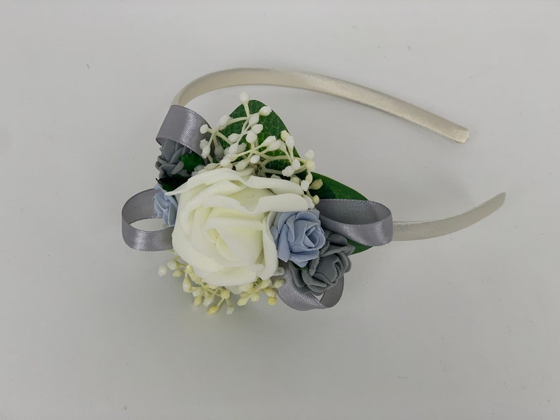 Artificial Wedding Bouquets Flowers Package with ivory blue and grey roses with greenery eucalyptus and gypsophila side headband