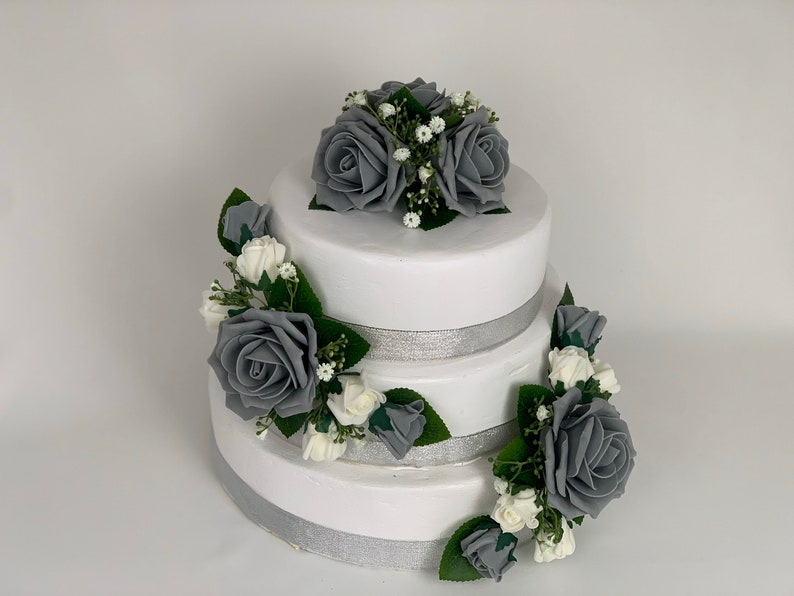 Wedding flowers cake topper roses 3 pieces tier bouquets グレー