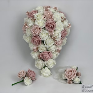 Artificial wedding bouquets flowers sets ivory blush pink with rose gold