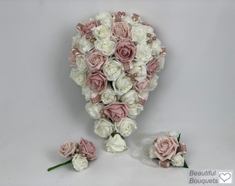 Artificial wedding bouquets flowers sets ivory blush pink with rose gold