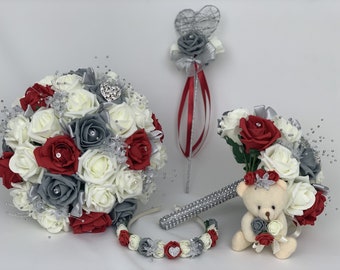 Artificial wedding bouquets flowers sets ivory red and grey heart posys