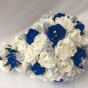 Artificial wedding bouquets flowers sets ivory royal blue brides teardrop