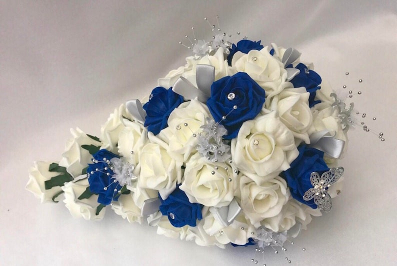 Artificial wedding bouquets flowers sets ivory royal blue brides teardrop