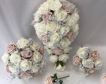 Artificial wedding bouquets flowers sets ivory blush pink