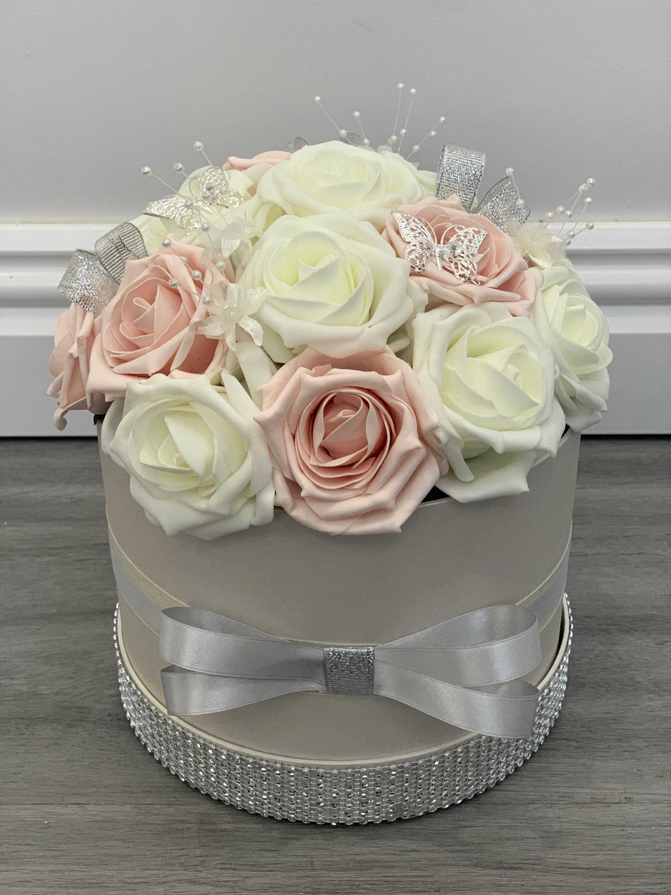 Artificial Flower Hat Boxes Silver With Diamanté Wedding Gifts Etsy