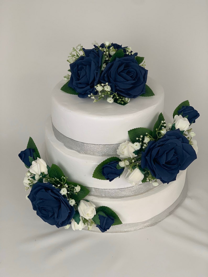 Wedding flowers cake topper roses 3 pieces tier bouquets Navy blue