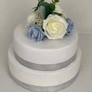 Artificial Wedding Bouquets Flowers Package with ivory blue and grey roses with greenery eucalyptus and gypsophila single cake topper