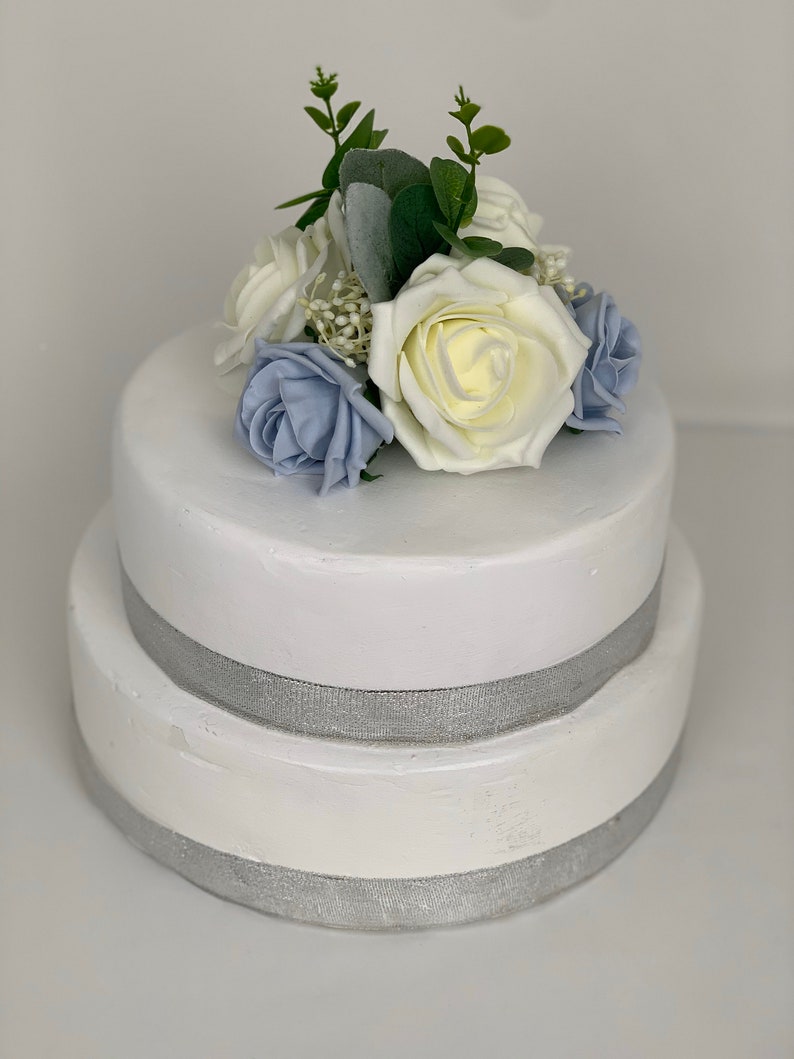 Artificial Wedding Bouquets Flowers Package with ivory blue and grey roses with greenery eucalyptus and gypsophila single cake topper