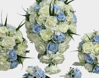 Artificial wedding bouquets flowers sets ivory & baby blue roses hydrangea