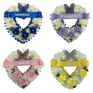 Artificial Flowers open heart grave Wreath  Cemetery Funeral Tribute Memorial hearts mum , gran , Grave pot flowers with butterfly