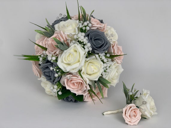 ARTIFICIAL WEDDING FLOWERS PINK/IVORY/SILVER GREY ROSE BRIDES WEDDING BOUQUET 