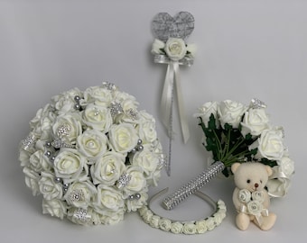 Artificial wedding bouquets flowers sets ivory silver brides posy