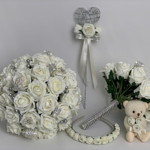 Wedding bouquet PURPLE Ivory Rose flowers Bride Bridesmaid Flower Girl Wand posy 