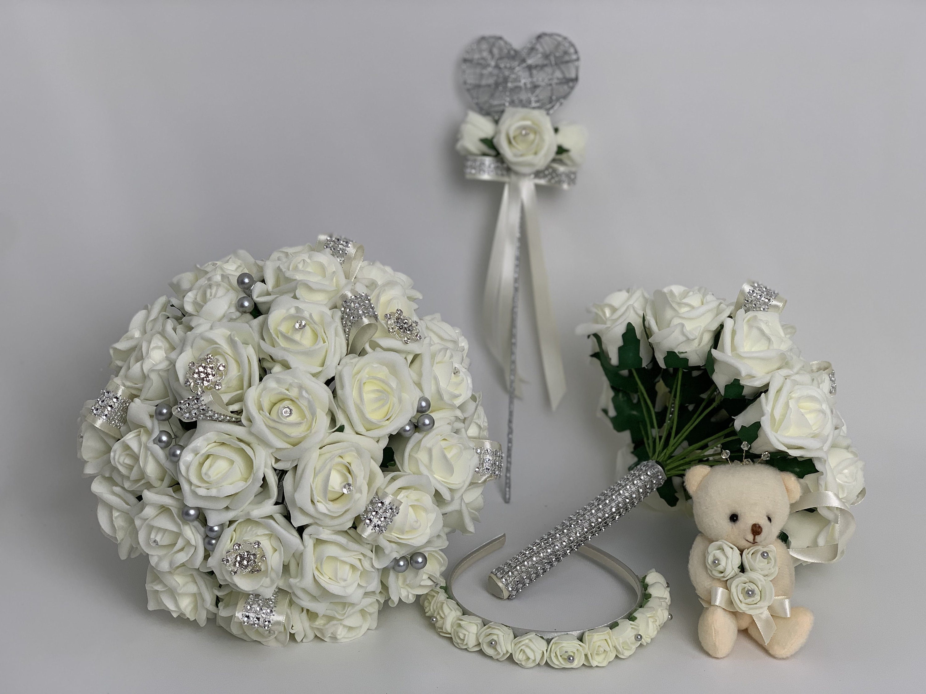 Ramos de boda artificiales flores conjuntos marfil plata - Etsy México