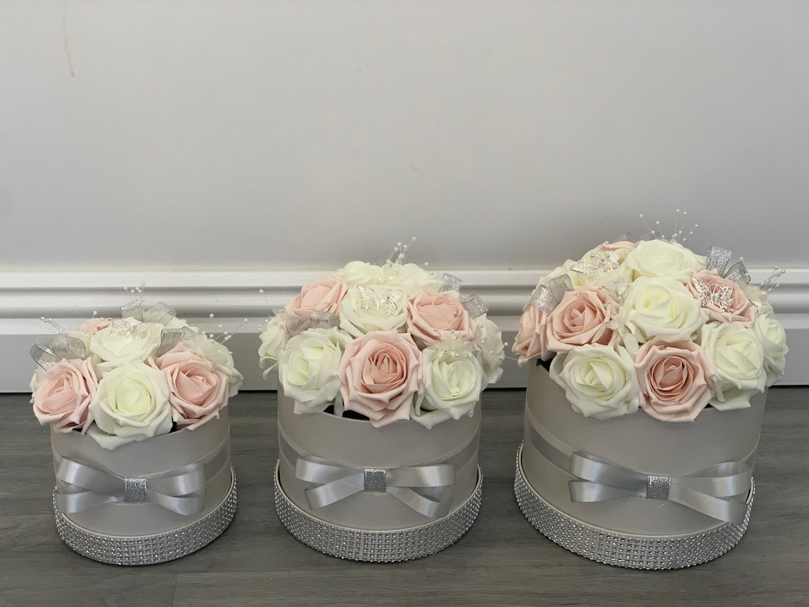Artificial Flower Hat Boxes Silver With Diamanté Wedding Gifts Etsy UK