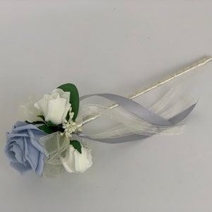 Artificial Wedding Bouquets Flowers Package with ivory blue and grey roses with greenery eucalyptus and gypsophila flower girl wand