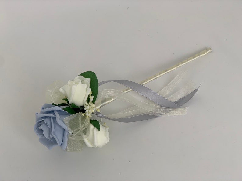 Artificial Wedding Bouquets Flowers Package with ivory blue and grey roses with greenery eucalyptus and gypsophila flower girl wand