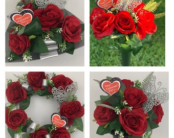 Artificial Flowers Valentine’s Day Grave cemetery Memorial Pots remembrance flowers red carnations mum , gran , dad