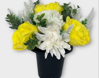 Grave Memorial Flower Pot with Peonies, Remembrance Arrangement (22cm)