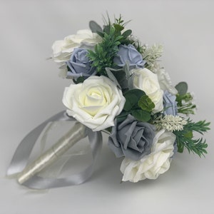 Artificial Wedding Bouquets Flowers Package with ivory blue and grey roses with greenery eucalyptus and gypsophila image 3