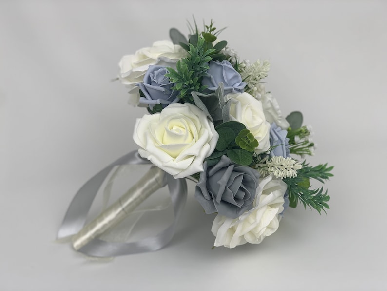 Artificial Wedding Bouquets Flowers Package with ivory blue and grey roses with greenery eucalyptus and gypsophila image 3