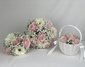 Artificial wedding bouquets flowers sets with Gypsophila & pink roses with Gerbera