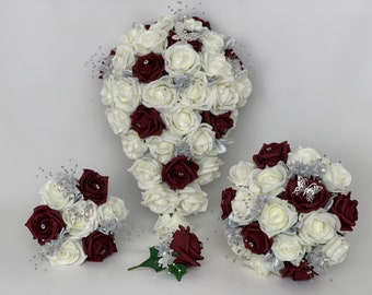 Artificial wedding bouquets flowers sets ivory burgundy