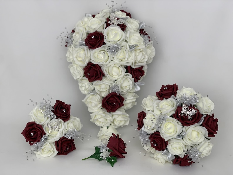 Artificial Wedding Bouquets Flowers Sets Ivory Burgundy Etsy UK