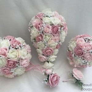 Artificial wedding bouquets flowers sets ivory mixed pinks