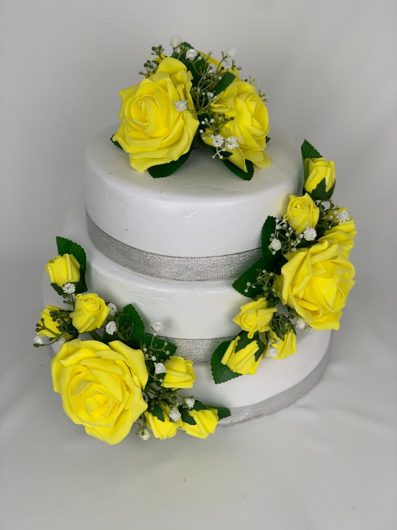 Wedding flowers cake topper roses 3 pieces tier bouquets イエロー
