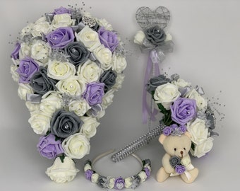 Artificial wedding bouquets flowers sets ivory lilac and grey heart posys