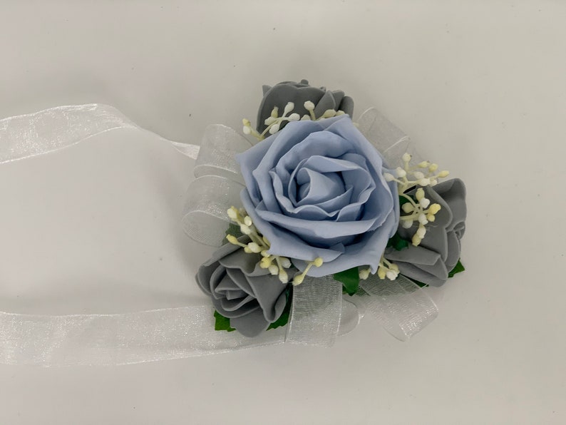 Artificial Wedding Bouquets Flowers Package with ivory blue and grey roses with greenery eucalyptus and gypsophila wrist corsage