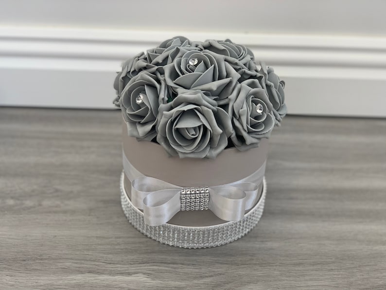 Artificial Flower Hat Boxes Grey With Diamanté Wedding Gifts Etsy UK
