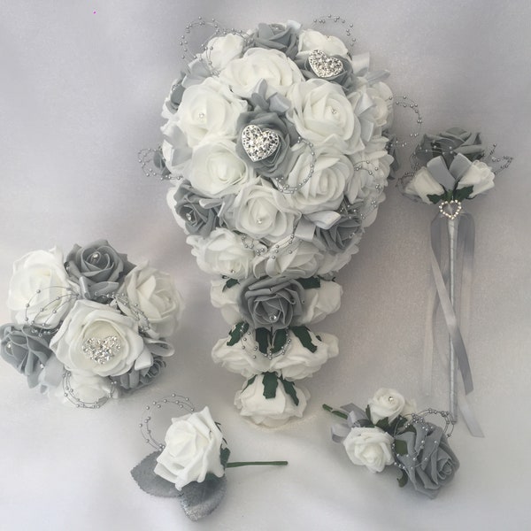 Artificial wedding brides teardrop bouquet white and grey